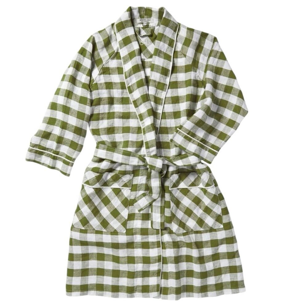 Serena & Lily Linen Gingham Robe Green White Tie Waist Pockets S/M Read